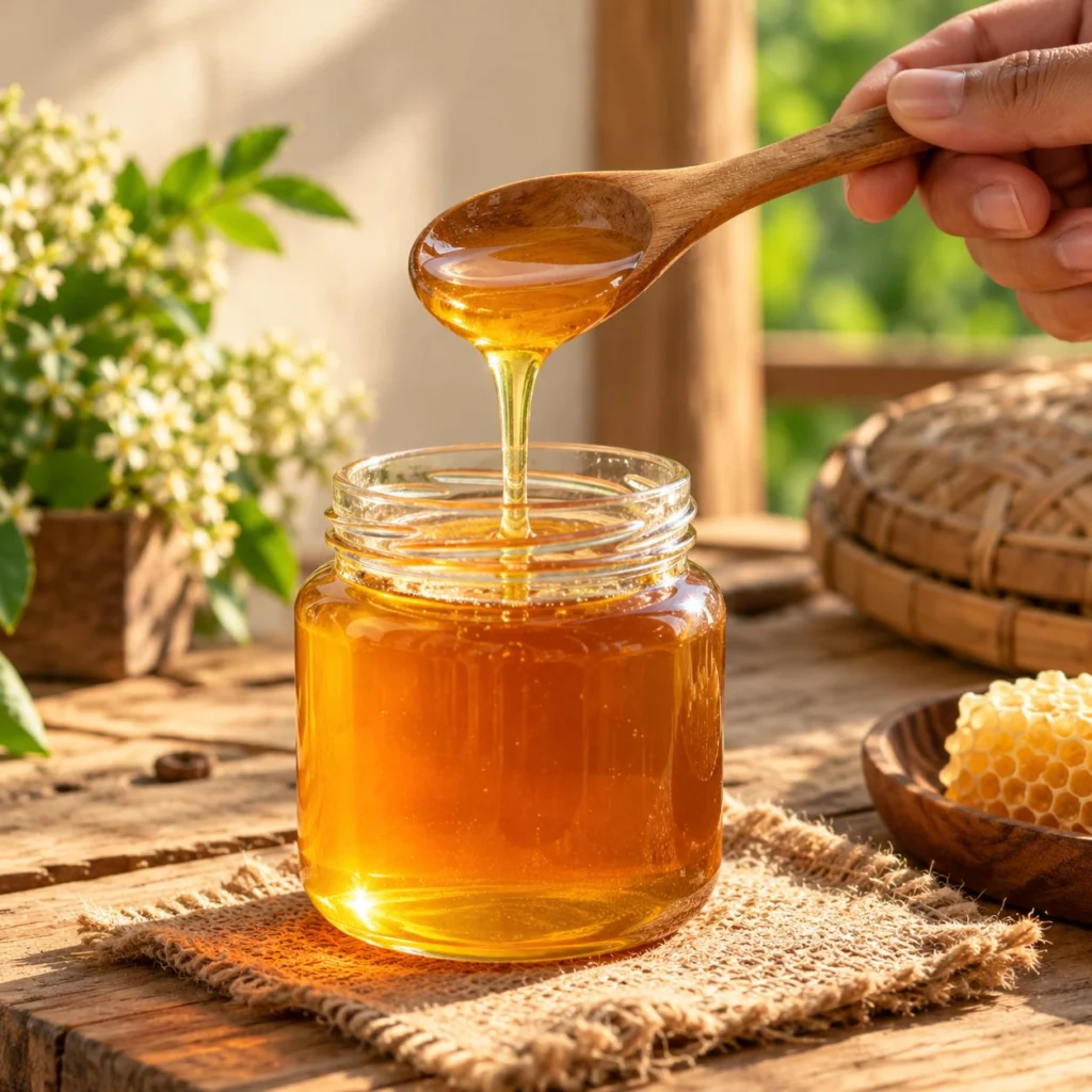 Tasting honey from a wooden spoon